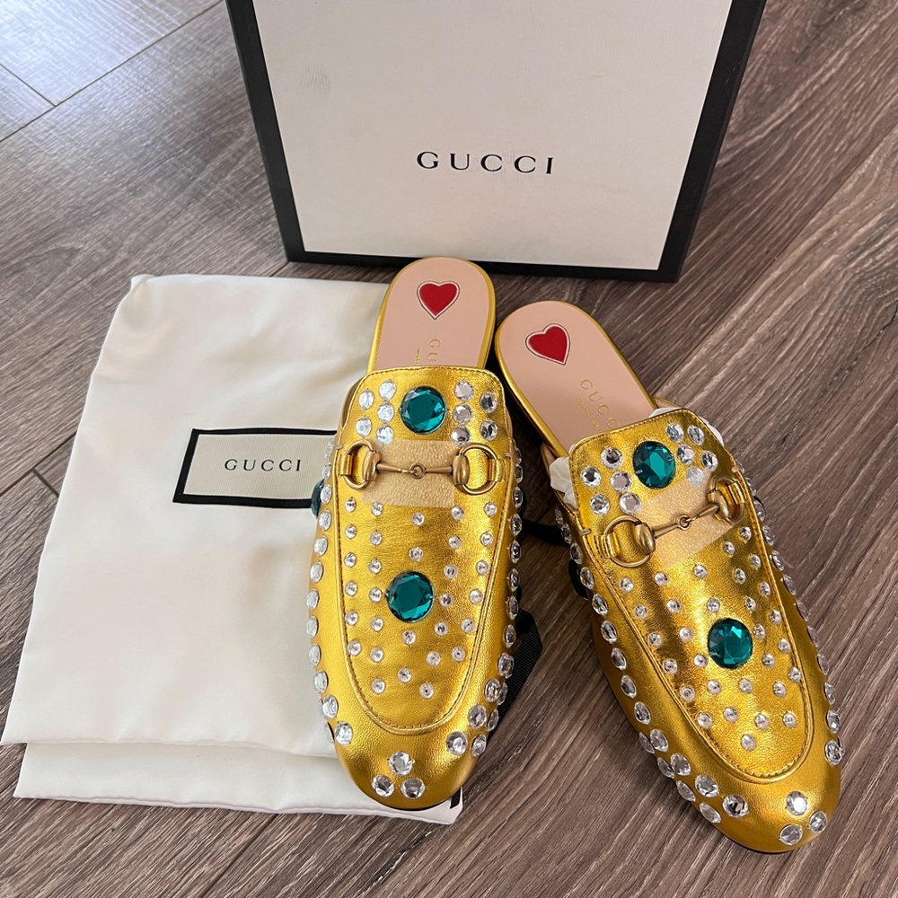 NIB GUCCI Metallic Nappa Crystal Princetown Mules